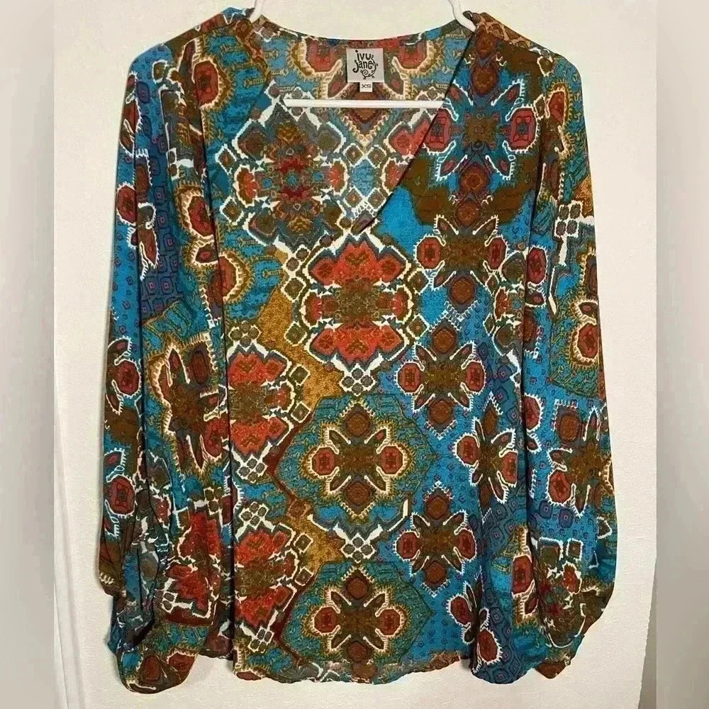 Ivy Jane Multicolor Bohemian Foral V Neck Long Sleeve Blouse Womens Size XS